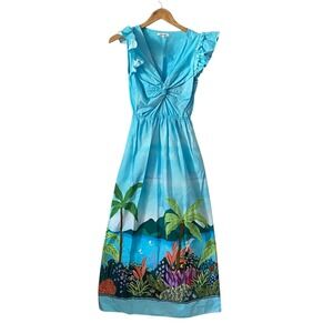 Celina Moon Flavian Blue Tropical Print Ruffle Twist Midi Dress Sz XS Resort